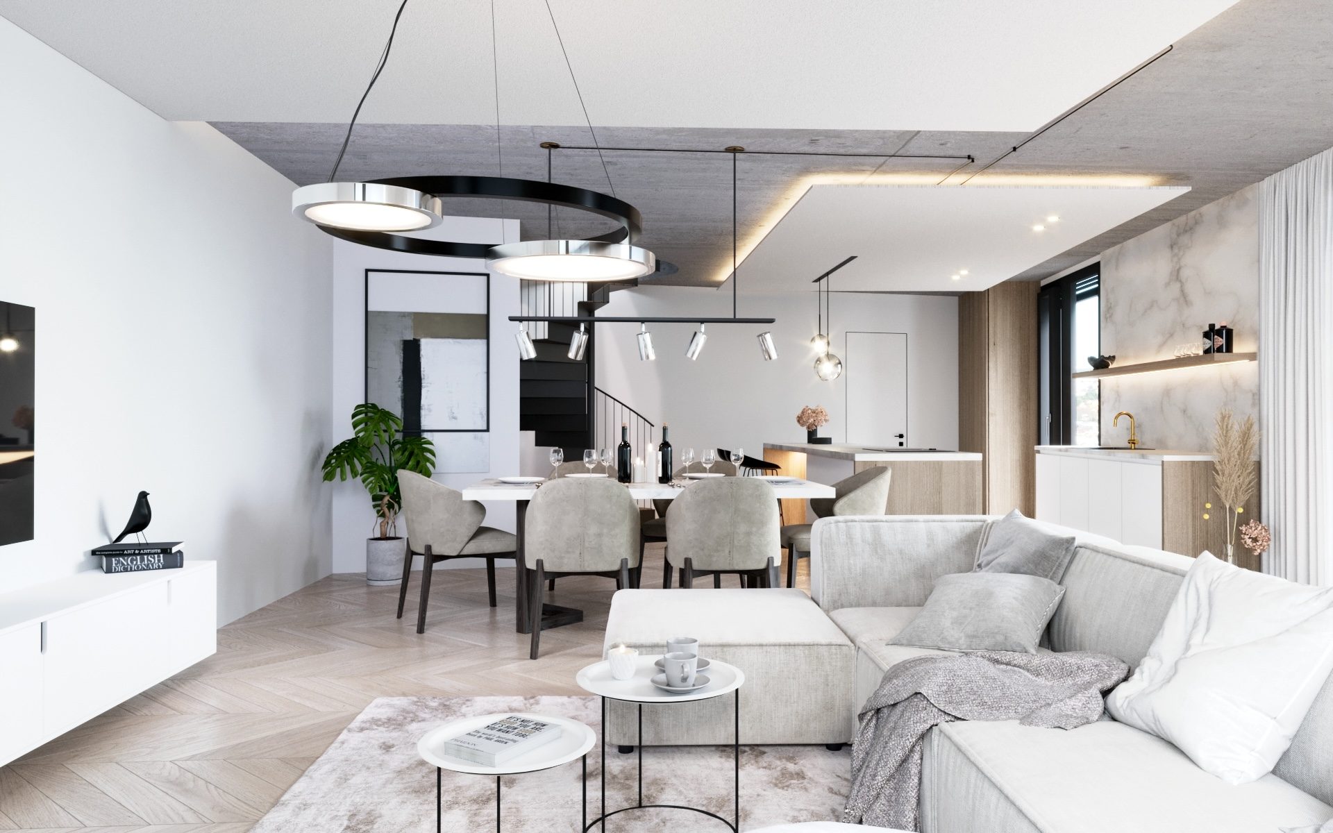 Espacio abierto de un loft moderno con zona de estar y cocina conectadas y grandes ventanales